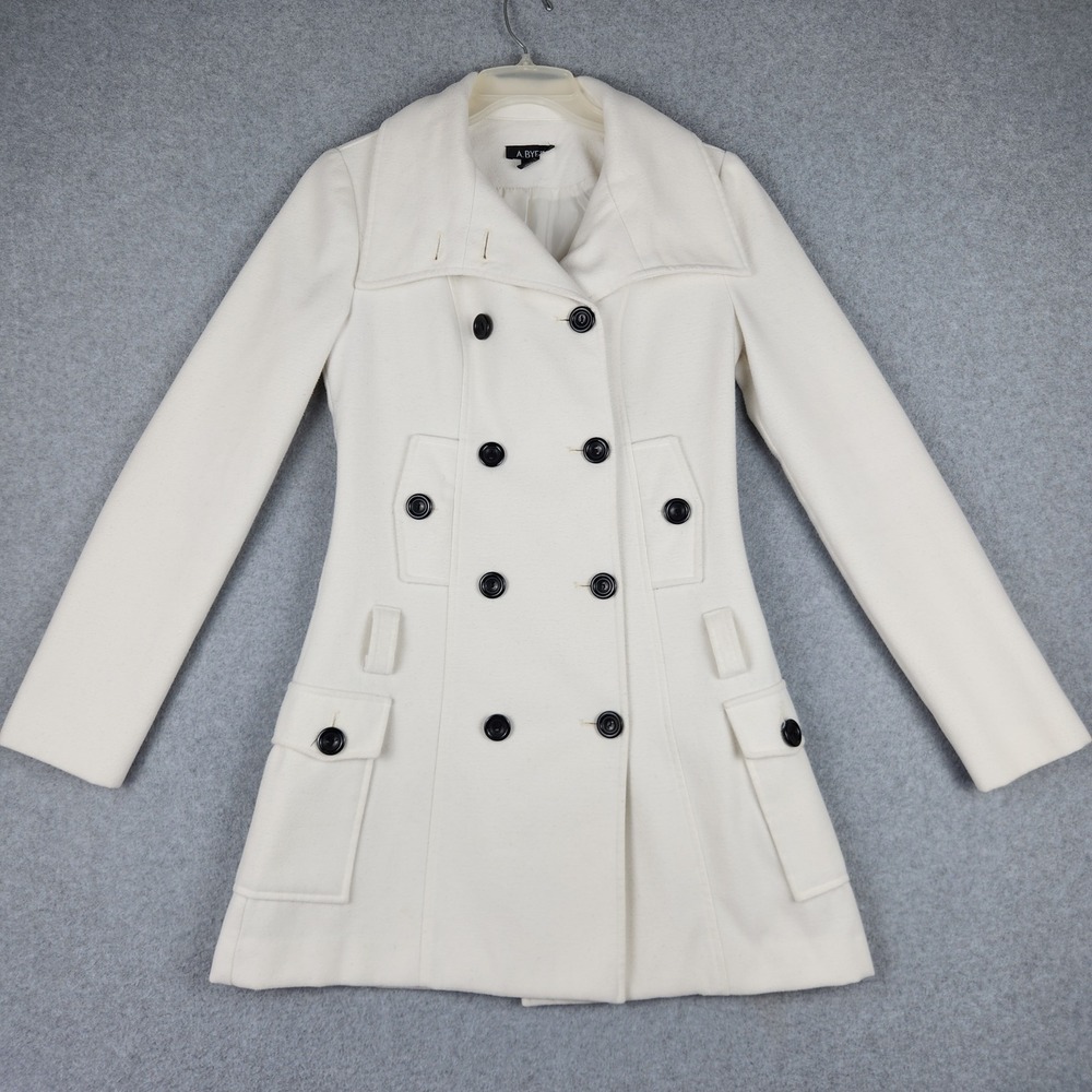 A. Byer Peacoat Womens Medium White Double Breasted Long Sleeve Button Front